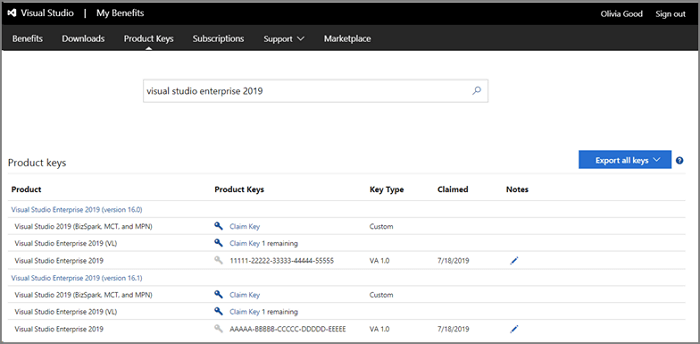 Claim Product Key in Visual Studio Subscription