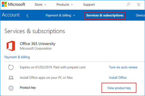 View Office 365 Product Key From Microsoft Service Page