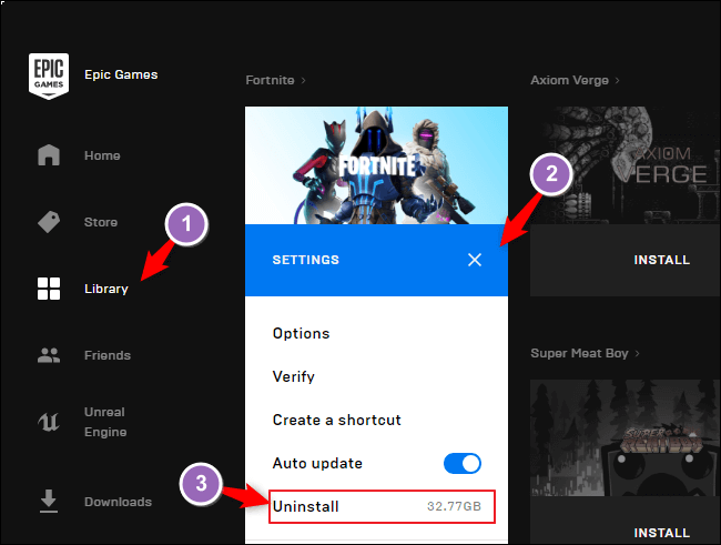 Uninsstall Epic games