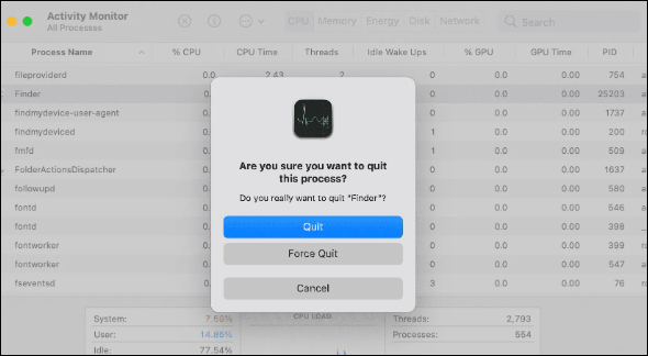 Close Finder in Activity Monitor
