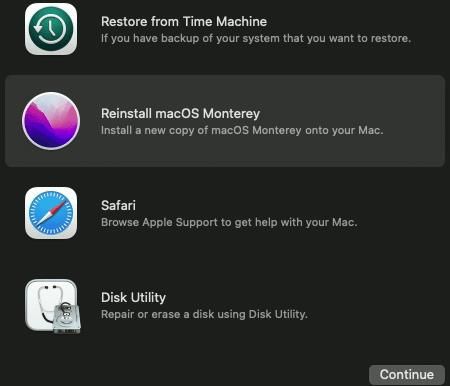 Selecting Reinstall macOS