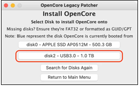 Opt for a disk to install opencore 