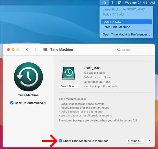 show the time machine in the menu bar