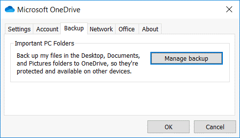 backup tab on onedrive