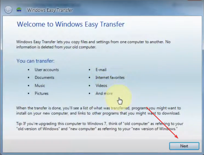 Clicking on Next to backup the data using Windows Easy Transfer