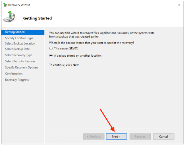 Choosing the location to restore the data from