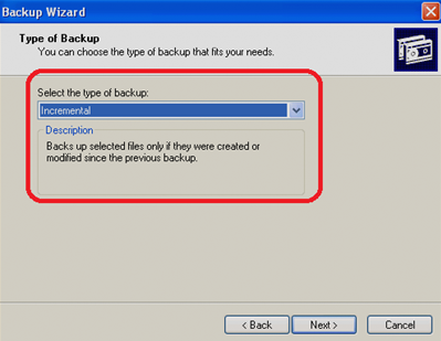 Incremental type of backup