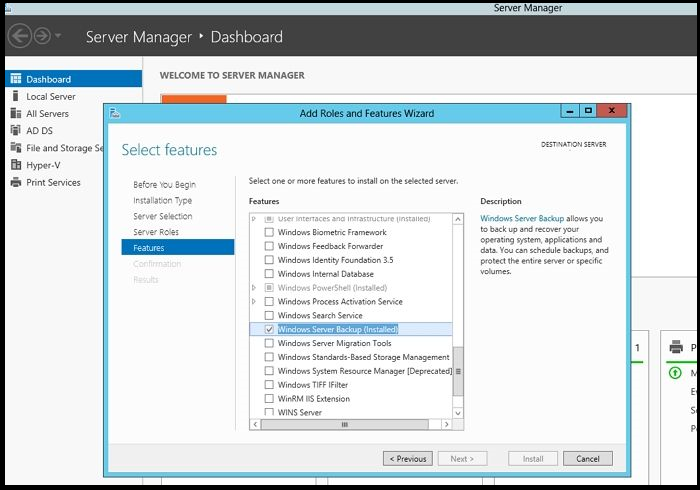 install windows server backup option