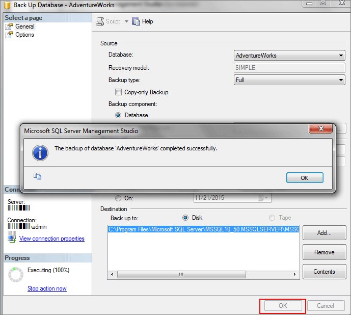 ssms full backup completes