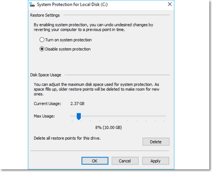 system protection for local disk