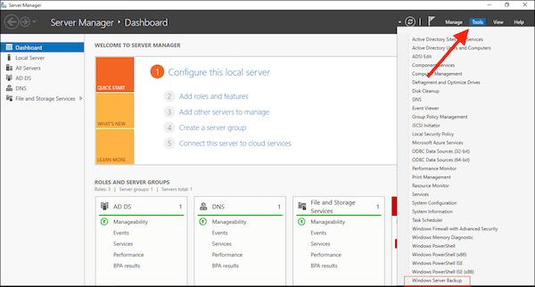 Selecting Windows Server Backup in the Tools menu