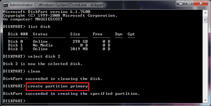 creating the primary partition