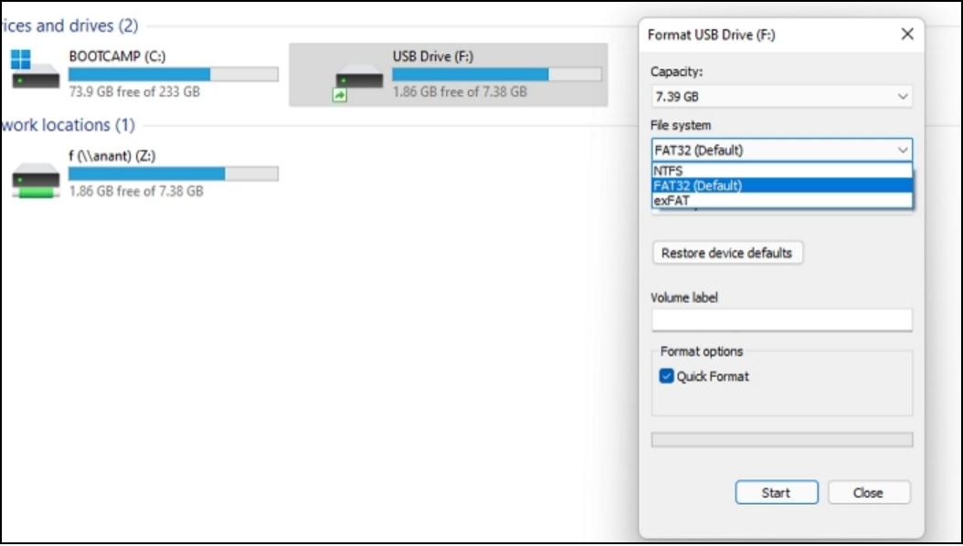 select file system when formatting