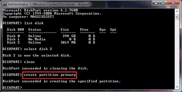 type list disk to format USB flash drive using cmd