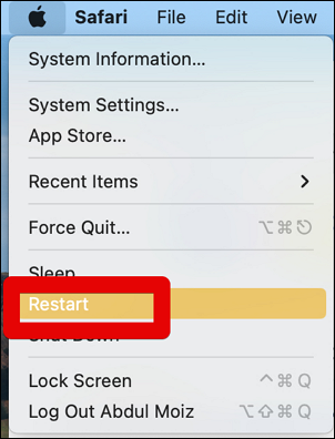 Selecting the restart option