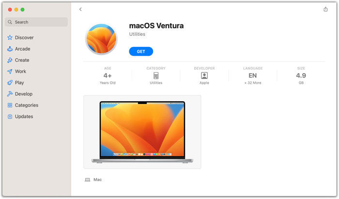 click get to download and install macOS Ventura