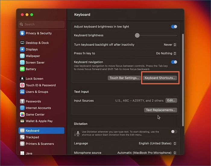 Open Keyboard Shortcuts Settings in macOS