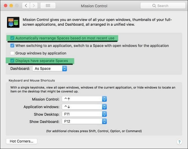 Automatically rearrange Spaces based on the most recent use and Displays have Separate Spaces in Mission Control