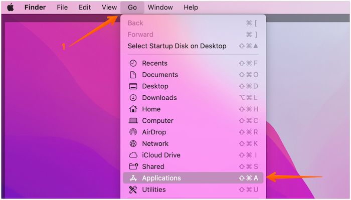 Open Applications folder using the Mac menu