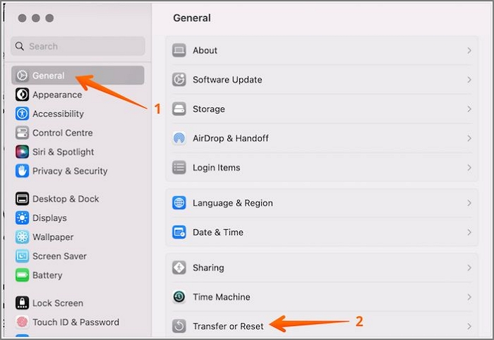 Open transfer or Reset Settings on Mac