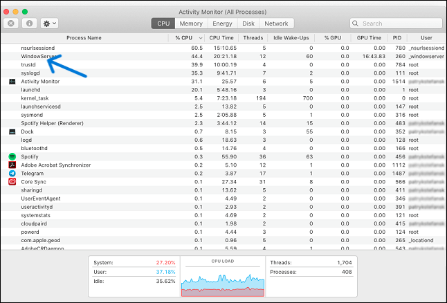 WindowServer CPU usage on the Activity Monitor