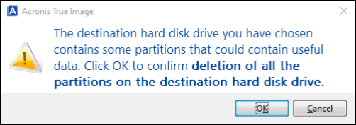 confirm the warning or choose a different destination disk