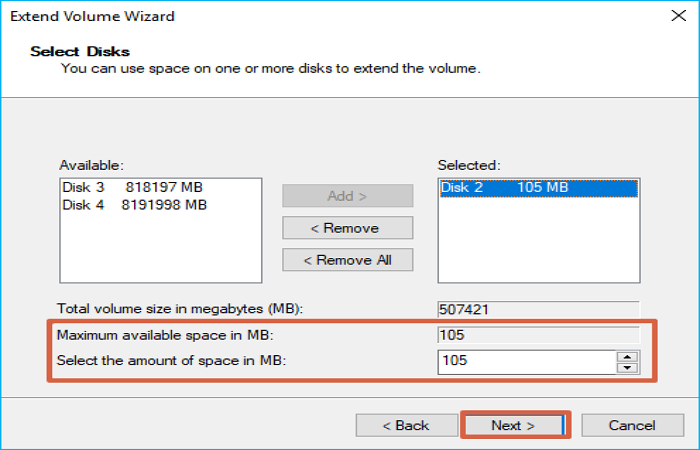 adjust the space you want to extend the target volume