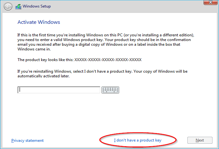 click on I don't have a product key