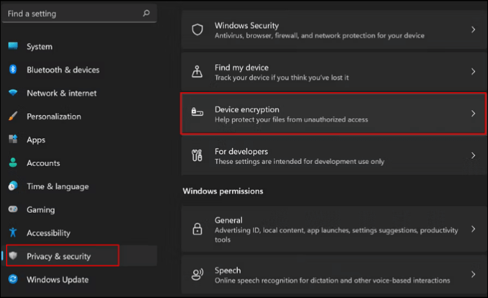 oprn the device encryption section