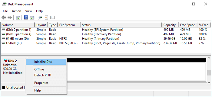 disk management initialize a hard drive