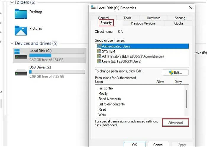 Advanced Security Settings for Drive on Windows