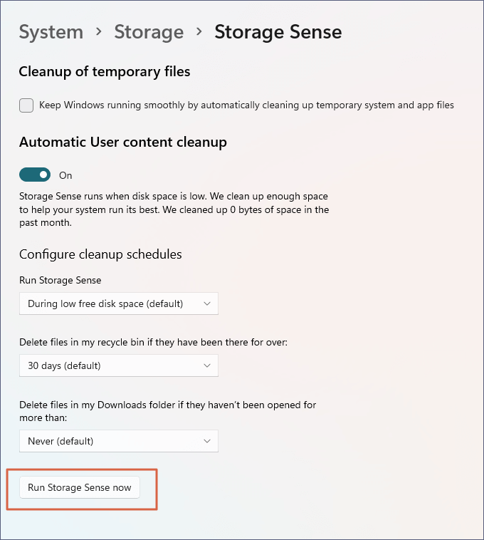 run Storage Sense now on Windows 11