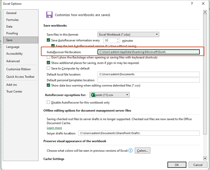 find Excel AutoRecover file location