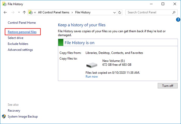 Click Restore Personal Files