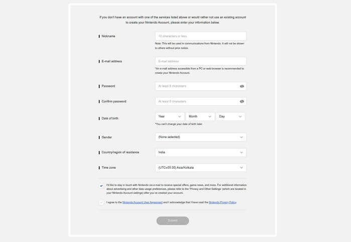 Nintendo Account Creation Form