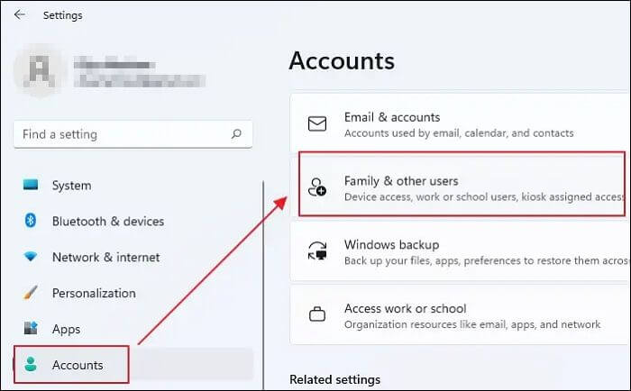 Accounts section Windows