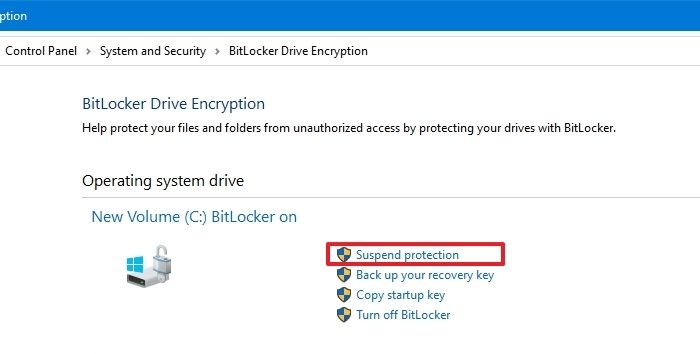 Suspend Protection for Bitlocker.