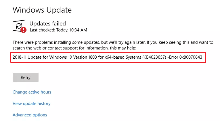 Windows update failed