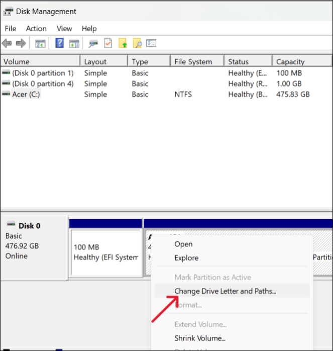 right-click on system reserved partition