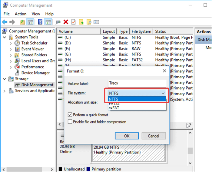 Changing the file system to NTFS