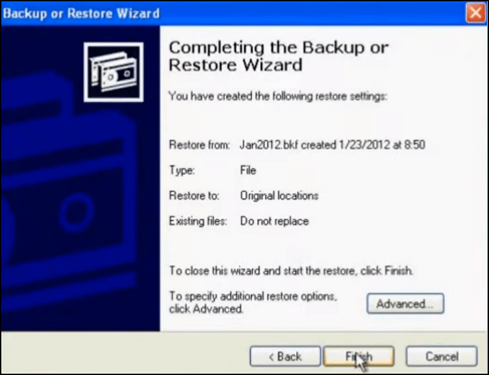 click finish to restore