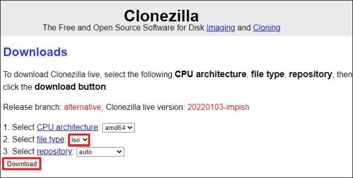 download the iso file from clinezilla