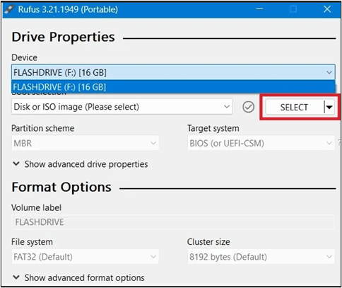 select the usb drive in rufus