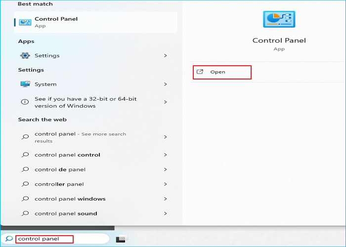 type control panel in Windows search bar