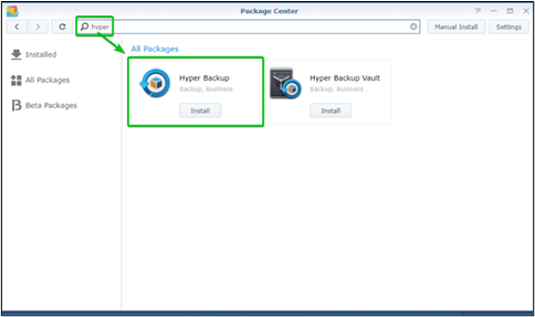 hyper backup page in synology nas