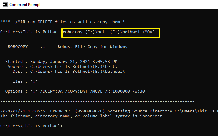 type robocopy C:\src E:\dst /MOVE