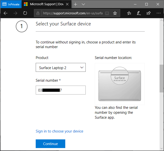 Select the Surface Device Model and Serial Number