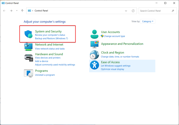 Selecting System and Security inside the Control panel window