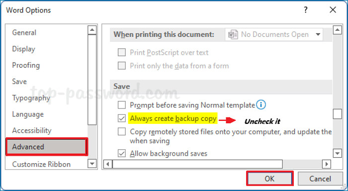 uncheck the always create backup copy