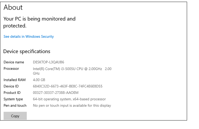 notice the current processor details